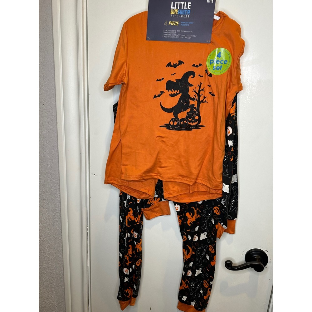 Little Dreamer Kids Halloween Dinosaur 4 Piece Pajama Set Orange Black 10/12 NEW